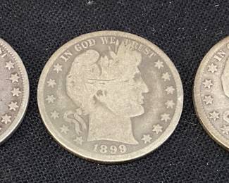 (3) 1899 BARBER HALF DOLLARS, 1899-p, 1899-o & 1899-s