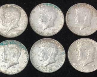 (6) 1964 SILVER KENNEDY HALF DOLLARS, 90% SILVER