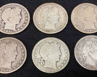 (6) 90% SILVER BARBER HALF DOLLARS 1901-p, 1901-o, 1901-s, 1902-p, 1902-s & 1902-o