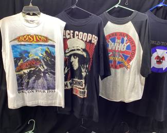 (9) ASSORTED ROCK TOUR T-SHIRTS, ZZ TOP, ALICE COOPER, BOSTON, PAUL MCCARNEY, THE WHOO, THE STONES, LED ZEPPELIN T, ALL SHIRTS HAVE BEEN WORN.