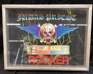 VTG. 1980s JUDAS PRIEST, ROCKER CONCERT TOUR T SHIRT & TICKET STUBS, FRAMED
