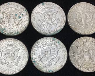 (6) 1964 SILVER KENNEDY HALF DOLLARS, 90% SILVER