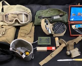 ASSORTED MILITARY COLLECTIBLES, GUN CLEANING KIT, EYE GOOGLES, SIDE WINDER, AUXILIARY POUCH, BB PELLETS, FACE PAINT CAMOUFLAGE