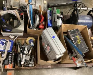 CHOICE BOX OFF TABLE, HAND TOOLS, POWER TOOLS, WRENCHES, CLAMPS, AIR RATCHETS, CIRCULAR SAW, WELDING GEAR, NO SHIPPING PICKUP ONLY