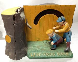 VTG. CAST IRON MECHANICAL LEAP FROG COIN BANK