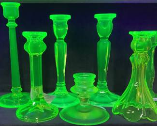 (7) VINTAGE URANIUM GLASS CANDLESTICKS