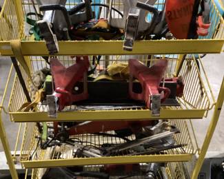 4 BASKET SHELF RACK WITH ASSORTED JACK STANDS, JACK, BOTTLE NOSE JACKS NO SHIPPING PICKUP ONLY