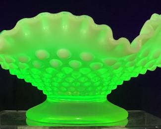 FENTON GREEN OPALESCENT URANIUM HOBNAIL RUFFLED EDGE CANDY DISH, 7in