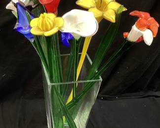 MURANO STYLE BLOWN GLASS FLOWERS & VASE NO SHIPPING PICKUP ONLY