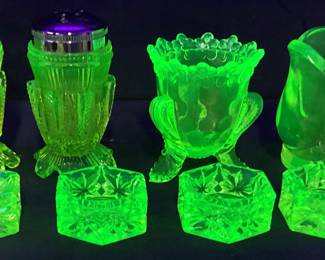 (8) VTG. URANIUM GLASSGROUP, SALT & PEPPER SHAKERS, SMALL CANDY DISHES, CANDLE STANDS