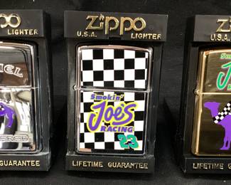 (3) ZIPPO CHROME PURPLE CAMEL, SMOKIN JOES CHECKERED FLAG & GOLD TONE PURPLE CAMEL