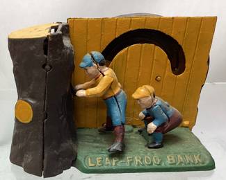 VTG. CAST IRON MECHANICAL LEAP FROG COIN BANK