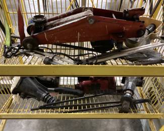 4 BASKET SHELF RACK WITH ASSORTED JACK STANDS, JACK, BOTTLE NOSE JACKS NO SHIPPING PICKUP ONLY