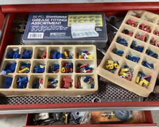 2 ROLLING TOOL CHEST WITH ASSORTED HAND TOOLS WRENCHES, HACK SAW, ELECTRICAL ACCESSORIES, NO SHIPPING PICKUP ONLY