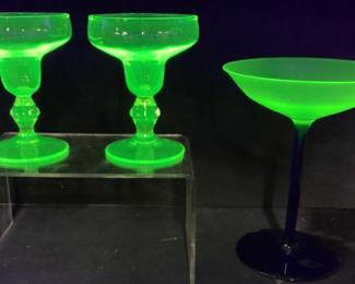 (3) VTG. URANIUM GLASS GOBLETS, 1 BLUE STEM STEMWARE