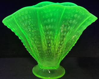 VTG. FENTON URANIUM GLASS HOBNAIL FAN VASE, 9in