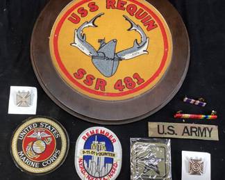 ASSORTED PATCHES, USS REQUIN, US MARINE CORPS, ARMY, RIBBON BARS
