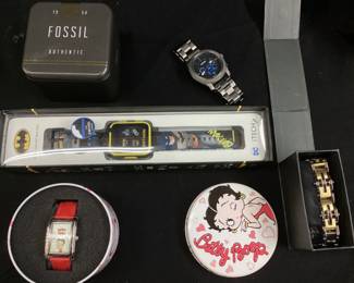 ASSORTED WATCHES, FOSSIL, BETTY BOOP, BATMAN, STAINLESS STEEL WATCH BAND