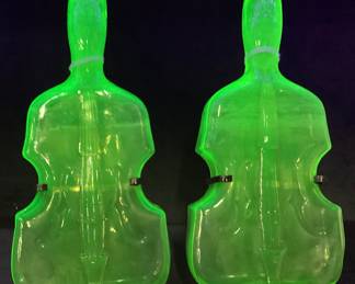 PAIR OF VTG. URANIUM GLASS VIOLIN BOTTLE VASES