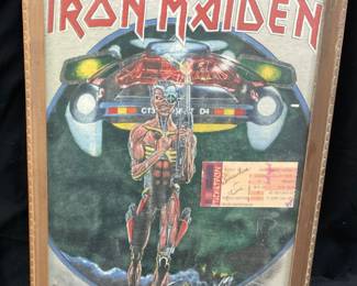 VTG. 1987 ORIGINAL IRON MAIDEN SOMEWHERE IN TIME TOUR T SHIRT w EDDY & TICKET in FRAME