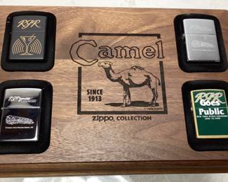 4 ZIPPO RJR TOBACCO COMPANY LIGHTERS IN WOOD CAMEL DISPLAY, RJR GOES PUBLIC, WHITTAKER PARK & RJR MARTINI