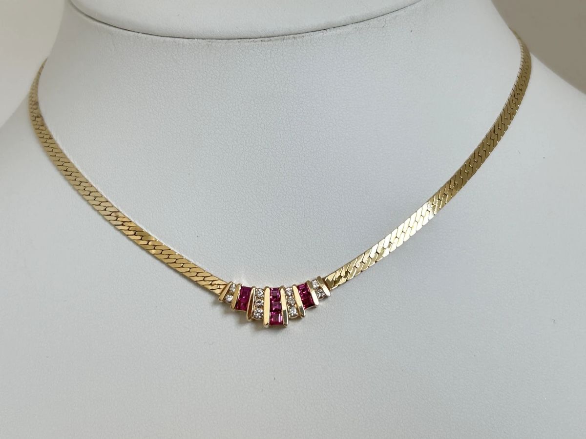 14K Gold with Rubies & Diamonds Modern Statement Necklace - 16" (12.9 Grams)