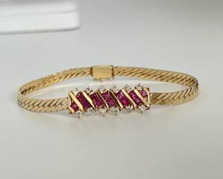 14K Gold with Rubies & Diamonds Modern Statement Bracelet - 7" (9.3 Grams)