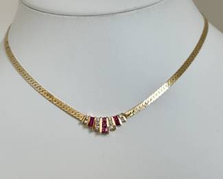 14K Gold with Rubies & Diamonds Modern Statement Necklace - 16" (12.9 Grams)
