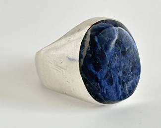 Taxco Mexico Heavy Sterling Silver with Blue Stone (Lapis?) Men's Ring - Size 11 1/4 (23.3 Grams)