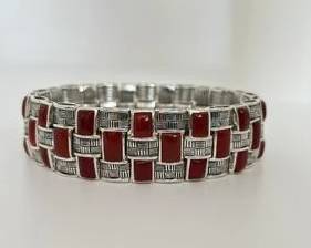 Sterling Silver with Carnelian Stones Wide Stretch Design Reversible Style Bracelet - Adjustable (63.5 Grams)