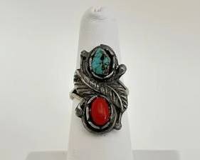 Vintage Native American Sterling Silver with Turquoise & Coral Ring - Size 6 1/4 (7.3 Grams)