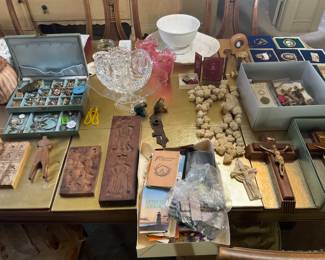 Cookie presses box, full of jewelry, wonderful, religious items