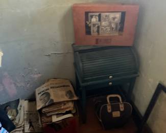 child’s roll top desk, two boxes of vintage newspapers