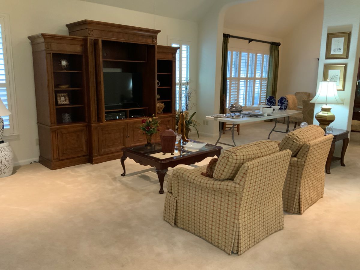 Ethan Allen Entertainment Center features Burl wood. Two like new matching Sherrill furniture Club Chairs, coffee table and matching side table.