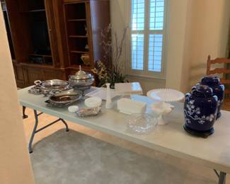 Silver plate platters and serving pieces, hobnail milk glass and oriental blue/white Ginger jars.
