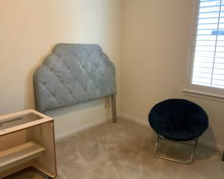 Queen/full upholstered headboard and foldable Papasan chair.