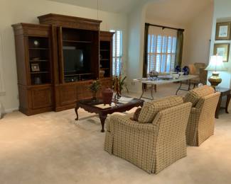 Ethan Allen Entertainment Center features Burl wood. Two like new matching Sherrill furniture Club Chairs, coffee table and matching side table.