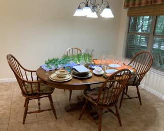Ethan Allen Table & 4 chairs, glassware