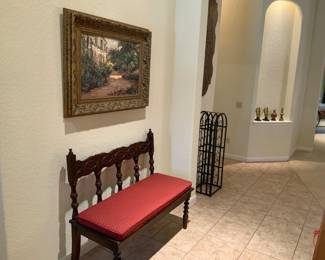 Vintage Sam Moore Bench and Cushion - Large gold ornate signed picture - landscape/garden picture, Wine Holder - Sleek and stylish