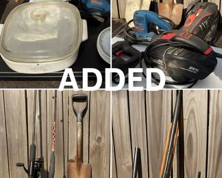 .22 cal rifle, 12 ga barrel Remington ringmaster, fishing poles, shovels, tools, Corning ware