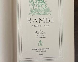 1928 first American edition of Bambi: A Life in the Woods by Felix Salten, published by Simon and Schuster, New York, with a foreword by John Galsworthy.
