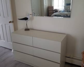 6-drawer dresser; wall mirror; shore bird sculpture