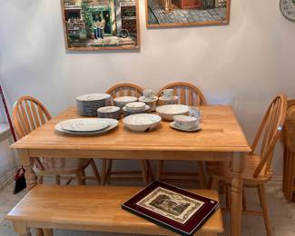 pine kitchen farmhouse with built in leaf, 4 chairs, and a bench