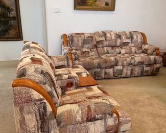 comfy wood and plaid, 4 recliner couch and love seat