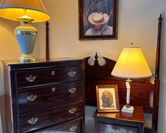 bedroom set, 5 drawer tall boy, queen headboard, one nightstand