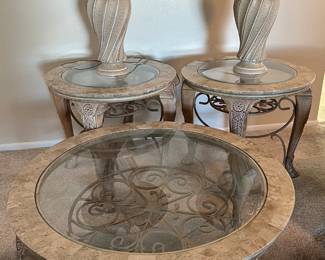 Coffee table, two end tables and two lamps