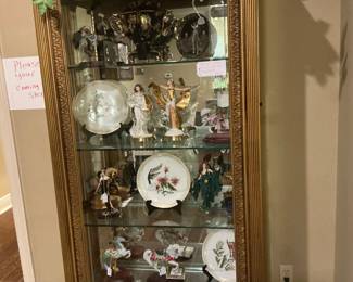 a beautiful gold gilded wooden curio display cabinet opens twice on each end