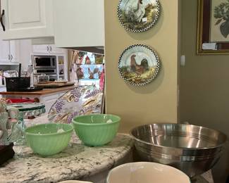 J, light bowls, rooster plates, pioneer woman, bowls, and aluminum punch bowl