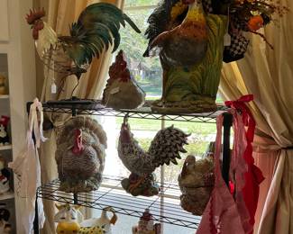 These are not your regular chickens made in Italy, a Foter ceramic rooster, a Spode turkey gravy boat, several cookie jars