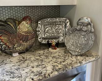 Hand, painted rooster platter nice metal, rabbit, and Santa Claus serving trays
